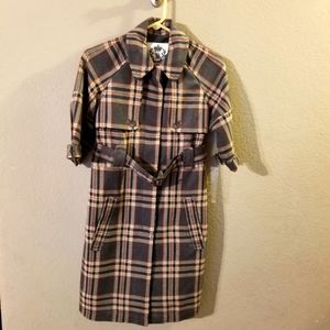 BB Dakota New Womens Gray Plaid Trenchcoat Short Sleeve Small Belted Wool Blend